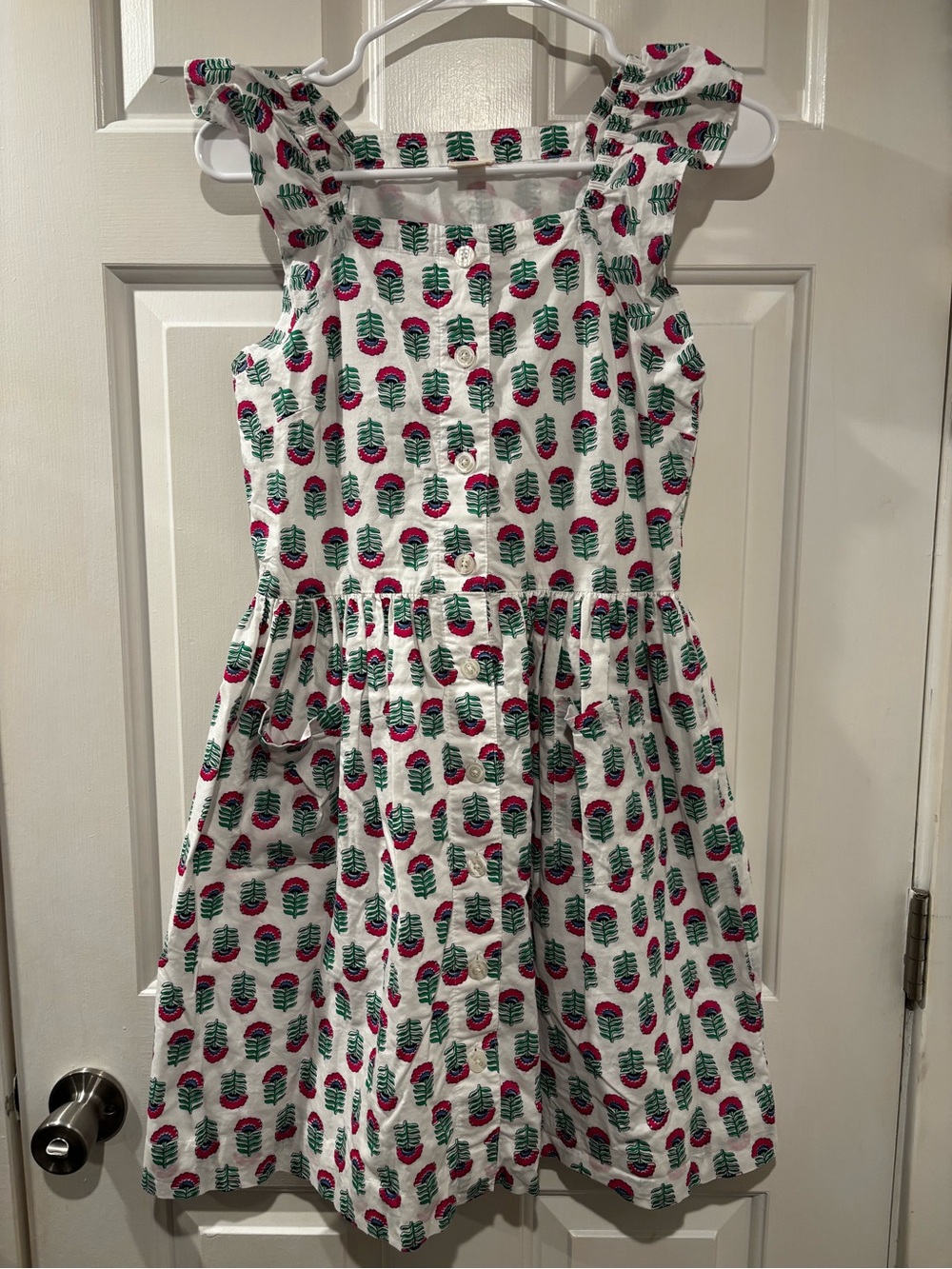Crewcuts White Sundress with Pink & Green Leaf print, 100% cotton